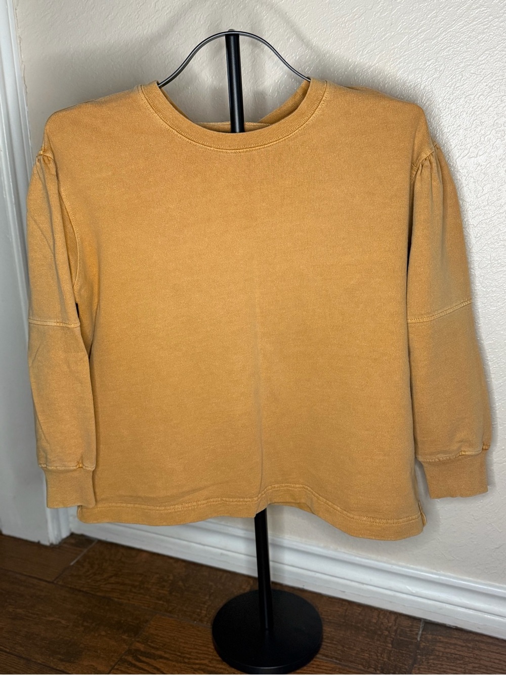 Washed Tan Crewneck Sweater with Subtle Puff Sleeves